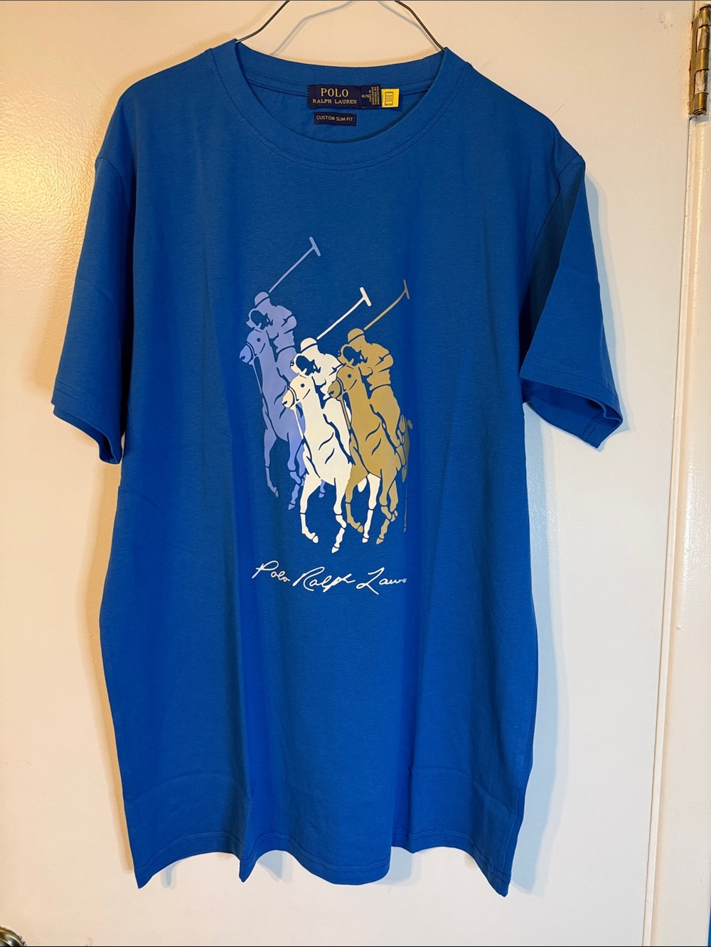 Polo by Ralph Lauren Men’s Bright Blue Graphic Polo Tee Custom slim fit